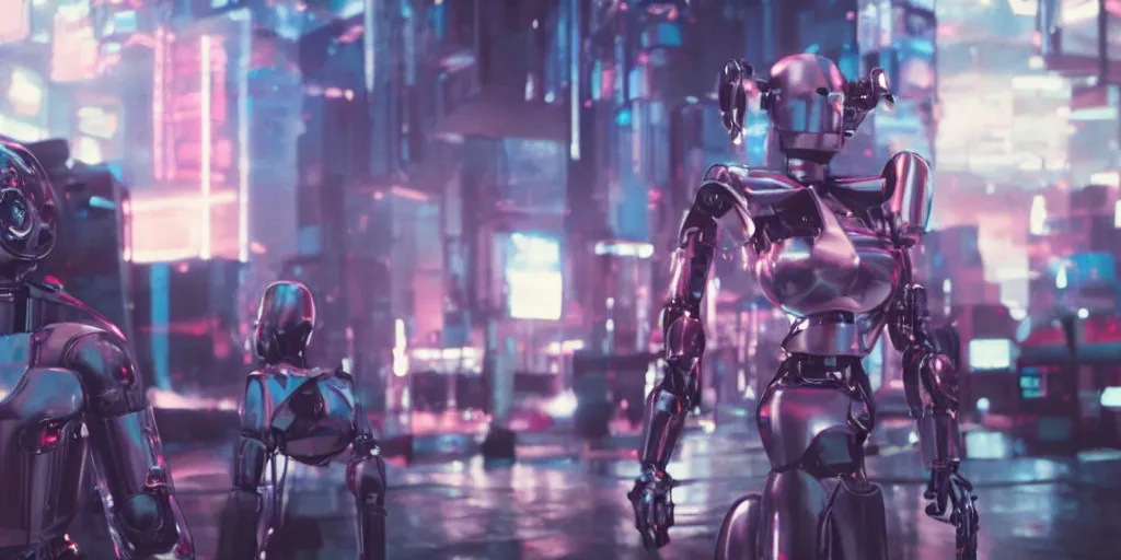 Image similar to Cyberpunk android chrome Robot fight movie escene, shot on imax, cinematic scene, CineStill 800T Film,