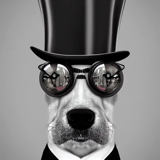 Prompt: closeup portrait of a dog wearing a suit and a top hat and a monocle on an eye, digital art, black and white