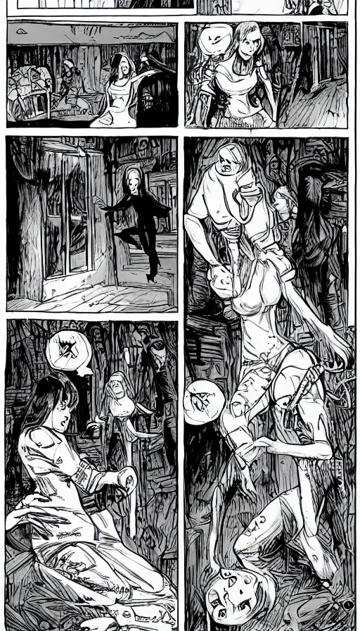 Prompt: multi - panel page from a highly detailed horror comic. young woman talking with a horrifying creature in her adjustment. terror. ink.