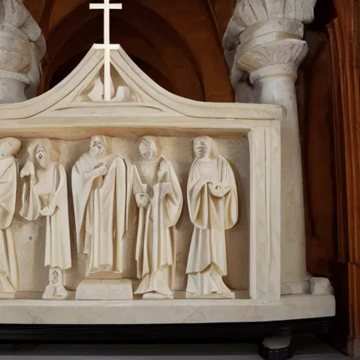 Prompt: the sarcophagus of the medieval king danny devito, carved in alabaster, church interior, hd