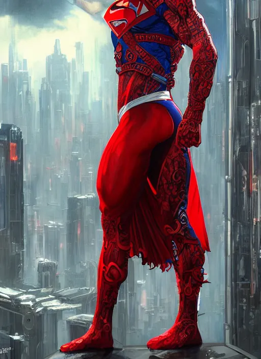 Image similar to portrait of crossfit fitness superman!, futuristic detailed ornate cyberpunk costume!, red and black costume!!!, pale skin!, no logo!!!, painted art by tsuyoshi nagano, greg rutkowski, artgerm, alphonse mucha, spike painting