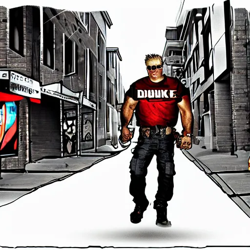 Image similar to duke nukem walking in a street, digital art