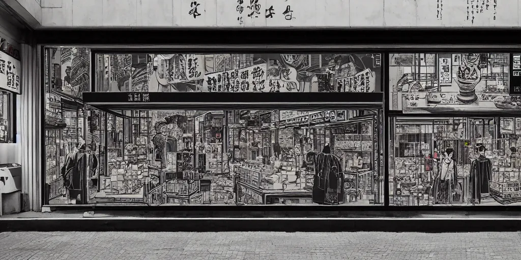 Prompt: a shop window in hong kong, by dan mumford and peter doig and edward hopper, minimal, black in, thick black lines highly detailed, muted colours, overlaid with chinese adverts, 8 k