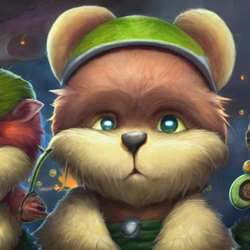 Image similar to Teemo from League of Legends, artwork by Martin Aitchison,Robert Ayton,John Berry,Frank Hampson,Robert Lumley,William Murray, B.H. Robinson, Gerald Whitcomb,Harry Wingfield, Eric Winter, Sep. E. Scott, a Rendering of a cinematic beautiful closeup moment of friends standing facing away from each other, Pensive Lonely, full of details, Matte painting, trending on artstation and unreal engine