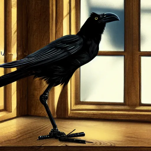 Image similar to Black Raven Perching Under an Open Window on the Table of a Workroom with Clockwork Parts and Metal Pieces and a Few Black Feathers on the Table, Crisp, Clear, Focused, Sunlight Streaming in through the Window, Digital Art on Artstation