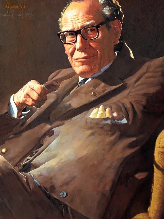 Prompt: portrait of isaac asimov, in a style blend of norman rockwell and frederick remington and mort kunstler, oil painting, volumetric lighting, intricate details