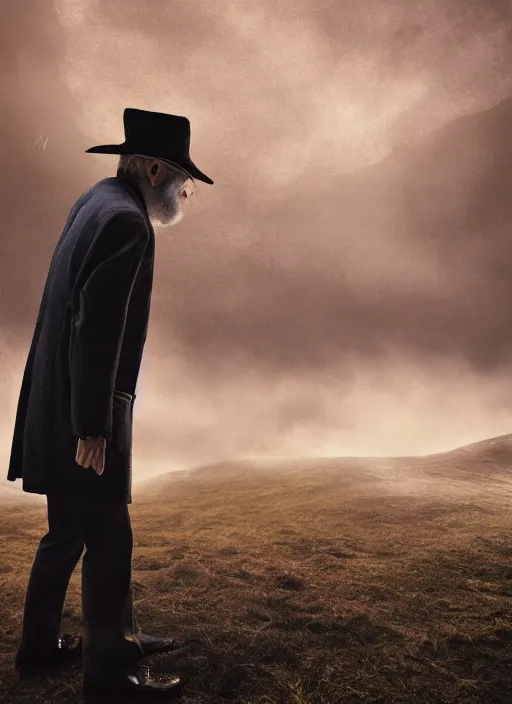 Prompt: portrait of terry pratchett, back, facing away, wearing hat, standing looking at endless space, dramatic lighting, octane, mist, steve mccurry, volumetric lighting, 8 k