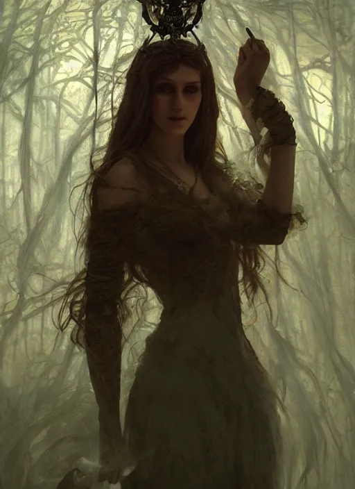 Prompt: inside covens den, diffuse lighting, fantasy epic, hdrp smoke, intricate facial detailing, highly detailed, lifelike, photorealistic, digital painting, artstation, unreal 5, concept art, smooth, sharp focus, art by john collier and albert aublet and krenz cushart and artem demura and alphonse mucha