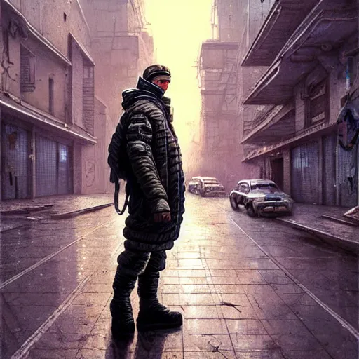 Image similar to A cyberpunk gopnik on the street of a Soviet city on the moon, Norilsk, sci-fi, fantasy, intricate, very very beautiful, elegant, highly detailed, digital painting, artstation, concept art, smooth, sharp focus, illustration, art by artgerm and greg rutkowski and alphonse mucha