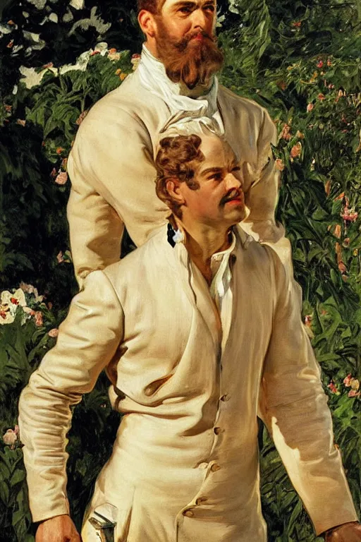 Image similar to GigaChad, golden hour, in a garden, artstation, by J. C. Leyendecker and Peter Paul Rubens,