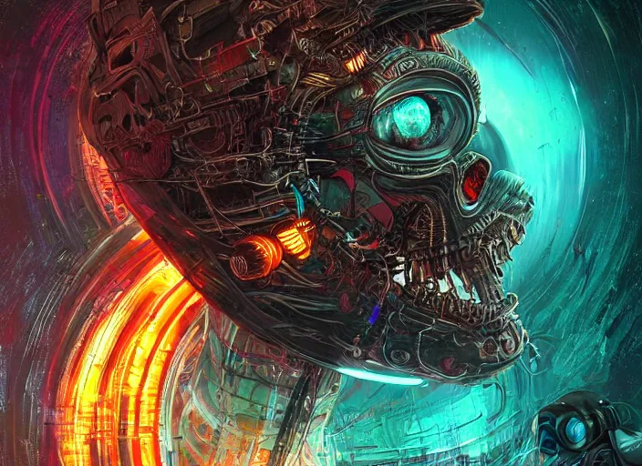 Image similar to a futuristic skull with glowing eyes and a wormhole tunnel cyberpunk art by android jones, featured on artstation, darksynth, synthwave