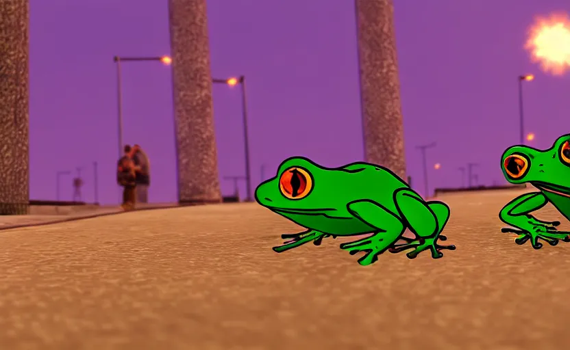 Image similar to two frogs in love in gta san andreas, cinematic shot, 4 k, night time