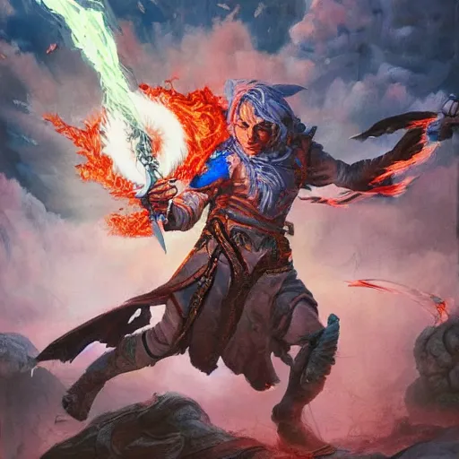 Image similar to A highly detailed oil painting concept art of a sorcerer casting an acid splash spell against a fighter wielding a greatsword, highly detailed concept art.