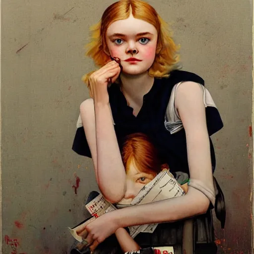 Prompt: elle fanning in prey picture by norman rockwell, asymmetrical, dark vibes, realistic painting, organic painting, matte painting, geometric shapes, hard edges, graffiti, street art : 2 by norman rockwell : 4