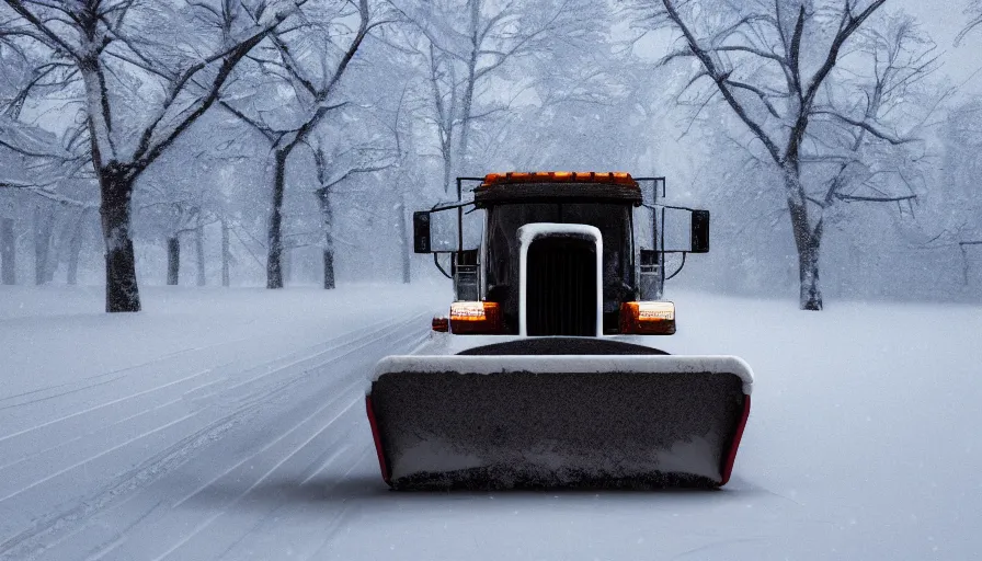 Prompt: snowplow covered by snow in beautiful winter landscape. fog, snowstorm, photorealistic rendering, octane, depth of field, blurry