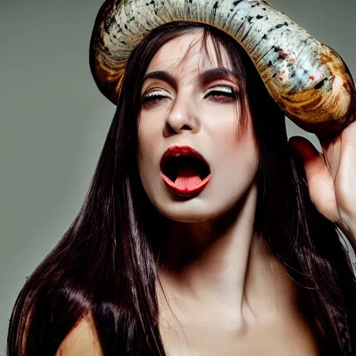 Prompt: detailed conceptual photography of beautiful woman with horn looking at camera / sticking out her tongue / dramatically / intricate / sharp focus / rendered / center of interest