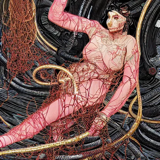 Prompt: a woman with excrescence entangled in the cables vibrant in the style of the laocoon of the vatican by akihiko yoshida