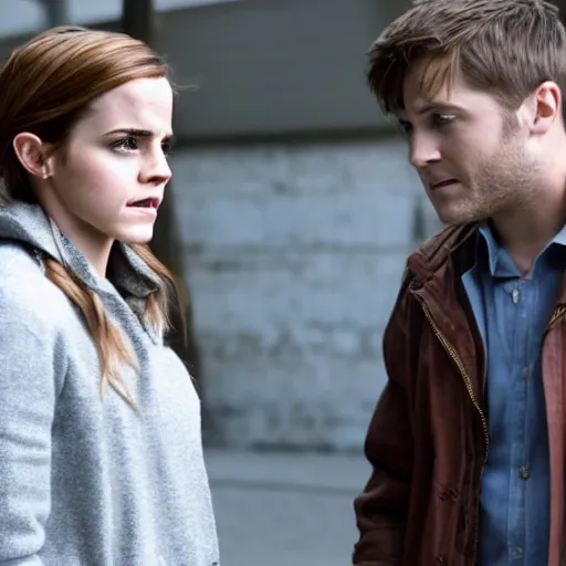 Image similar to still of emma watson talking to dean in supernatural, 4 k