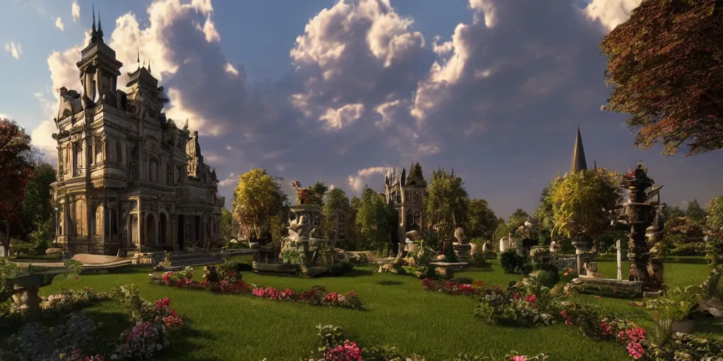 Image similar to gothic, mansion, few clouds, dawn, flowerbeds, trees, french garden, ornate fountain, nobles walking around, god rays, realistic, cinematic lighting, very detailed, very ornate, volumetric, by artstation, artemisia gentileschi, wide angle