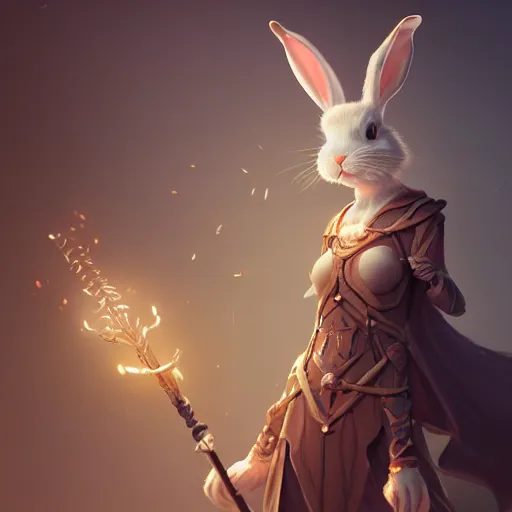 Image similar to an anthropomorphic female rabbit wizard with a staff, fine art, award winning, intricate, elegant, sharp focus, cinematic lighting, highly detailed, digital painting, 8 k concept art, art by guweiz and z. w. gu, masterpiece, trending on artstation, 8 k