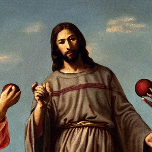 Image similar to painting of jesus holding giving two balls from each hand