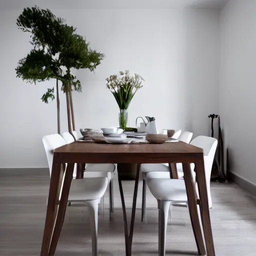 Prompt: luxurious oak table with coffee in a modern white zen minimalist apartment
