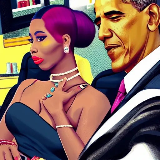 Prompt: nicki minaj sitting next to barack obama in a vintage barbershop in gta v cover art, symmetrical, brownish flat colors, hyper realistic, highly detailed, trending on artstation