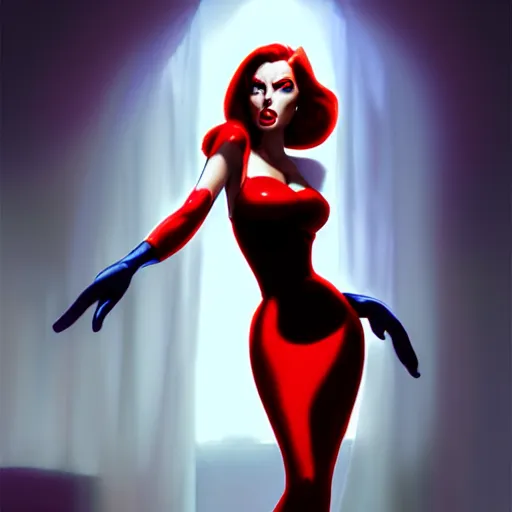 Image similar to realistic noir jessica rabbit red dress, character portrait, sharp, digital matte painting, art by luis royo, greg rutkowski, wlop, dramatic lighting, trending on artstation