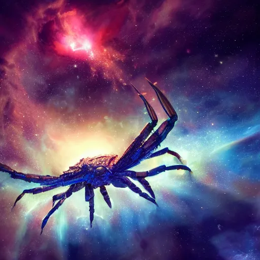 Prompt: a giant crab constellation flying through a nebula by WLOP and tony sart, fantasy art, 4k, HDR, photorealistic, 8k, trending on artstation