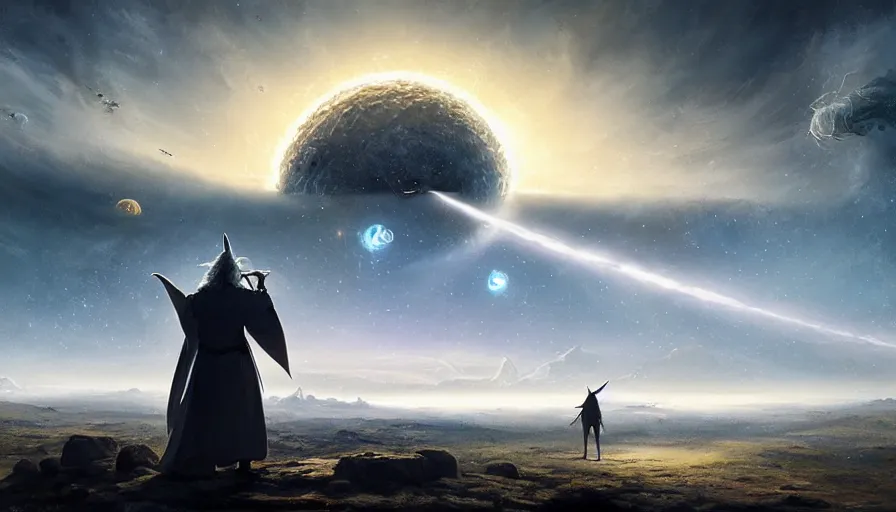 Prompt: a beautiful painting of gandalf watching a huge wormhole destroy an alien world with multiple suns, ray traced lighting by jean kalin popov and greg rutkowski