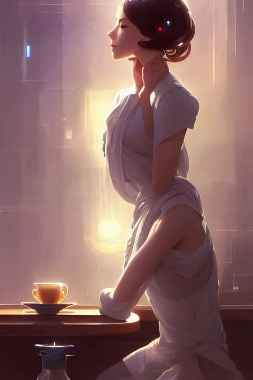 Image similar to an attractive serene cute android in a cafe, partially human , partially biomedical design , natural atmosphere, great high details, highly reaslitic, cinematic lighting, intricate, elegant, super highly detailed, art station, concept arD, beautiful, delicate, art by artgerm and greg rutkowski and alphonse mucha and loish and WLOP