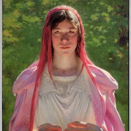 Image similar to a frontal portrait of a young priestess, dressed in white and pink, ( so happy, her face hurts ), by donato giancola and norman rockwell.