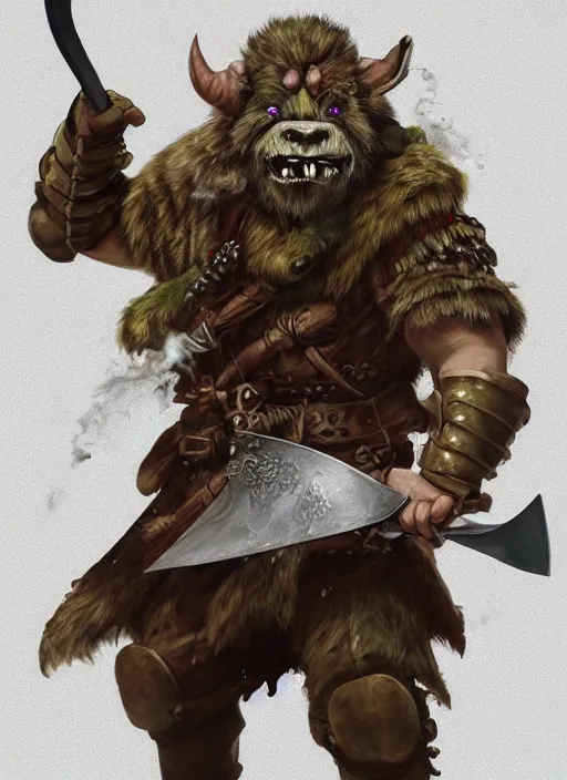 Image similar to photorealistic bugbear ranger holding sword on fire, magic, black beard, dungeons and dragons, pathfinder, roleplaying game art, hunters gear, jeweled ornate leather and steel armour, concept art, character design on white background, by sargent, norman rockwell, makoto shinkai, kim jung giu, artstation trending, poster art, colours red