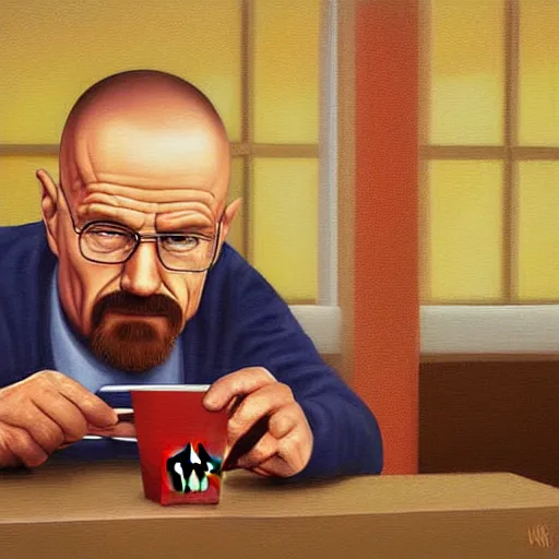 Image similar to oil digital painting of walter white at mcdonalds by ina wong