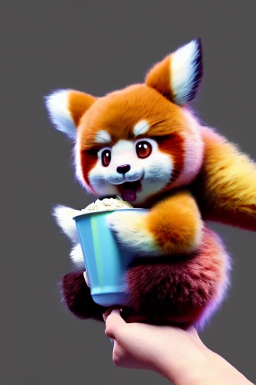 Image similar to high quality 3 d render hyperrealist very cute pastel fluffy red panda & koala hybrid eating giant ice cream, vray smooth, in the style of detective pikachu, hannah yata, very dramatic light, low angle, uhd 8 k, shallow depth or field