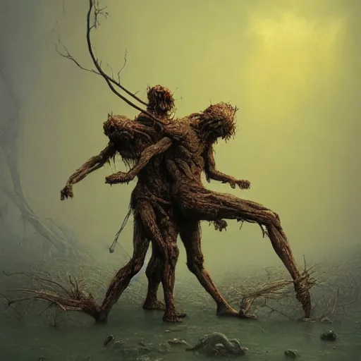 Prompt: two demons dance ballet in hell with ethernet cables!!! wrapped around their arms, trees burn! beksinski, dariusz zawadzki, very coherent symmetrical artwork. cinematic, hyper realism, high detail, octane render, 8 k