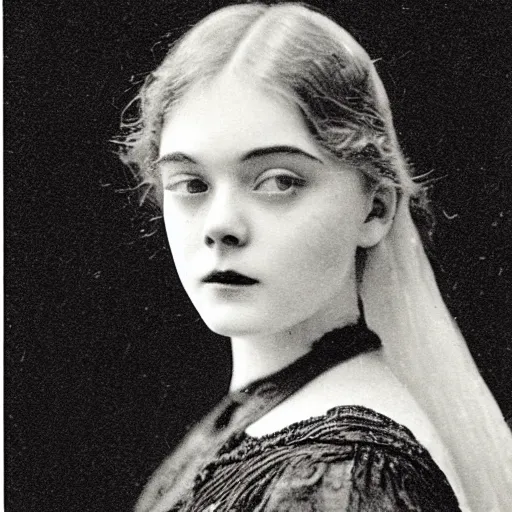 Image similar to headshot edwardian photograph of elle fanning, 1 9 1 0 s, 1 9 0 0 s, 1 9 2 0 s, grainy, victorian, detailed, slightly blurry