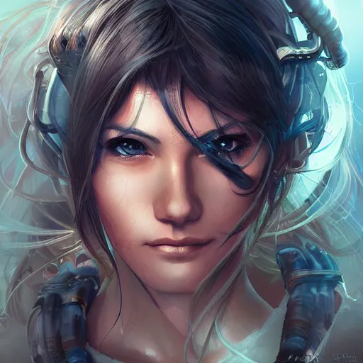 Image similar to biopunk geneticist, heroine, beautiful, playful smile, detailed portrait, intricate complexity, in the style of Artgerm, Kazuki Tanahashi, and Ross Tran, cel-shaded