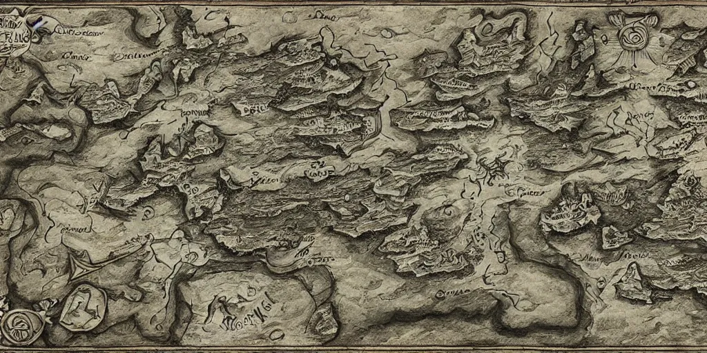 Prompt: ancient map of a fantasy land, hand drawn, hyperrealistic, hd 4 k, artstation
