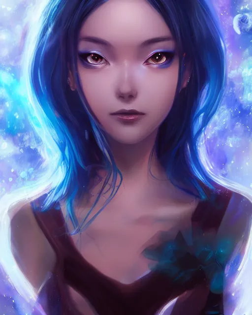 Image similar to A realistic anime portrait of a beautiful cosmic woman with glowing blue eyes and cosmic skin wearing clothes made of universes, digital painting, by Stanley Artgerm Lau, Sakimichan, WLOP and Rossdraws, digtial painting, trending on ArtStation, SFW version