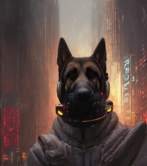 Image similar to new york city portrait of furry anthro anthropomorphic german shepard head animal person fursona wearing clothes strange cybernetic muzzle gloomy rainy cyberpunk digital art by Greg Rutkowski, Simon Stalenhag, christopher nolan trending on Artstation, CGSociety