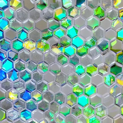 Prompt: texture of joined hexagonal clear quartz crystals through which is clearly visible the beatific multicoloured lights of paradise, exquisitely clear and hyper realistically sharp,