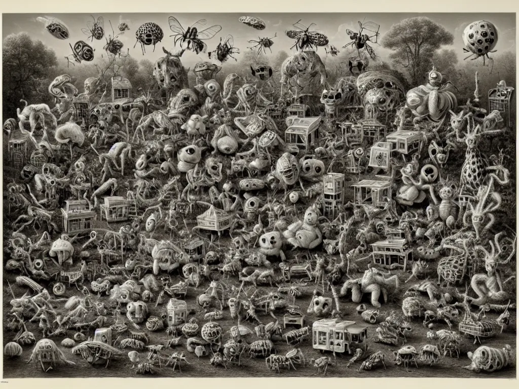 Image similar to by laurie lipton, a bunch of toys that are in the air, polycount, rococo, made of insects,