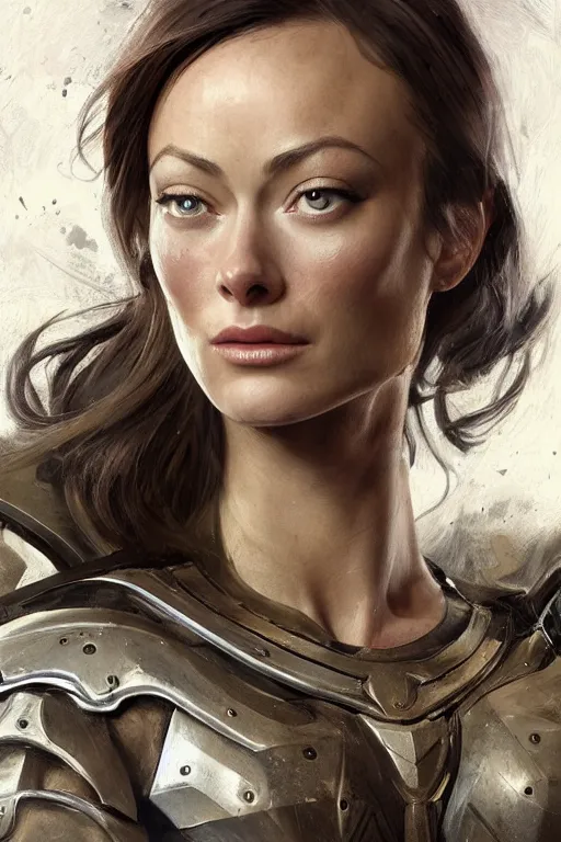 Image similar to a professional painting of a young Olivia Wilde, clothes in military armor, olive skin, long dark hair, beautiful bone structure, symmetrical facial features, intricate, elegant, digital painting, concept art, smooth, sharp focus, illustration, from StarCraft by Ruan Jia and Mandy Jurgens and Artgerm and William-Adolphe Bouguerea