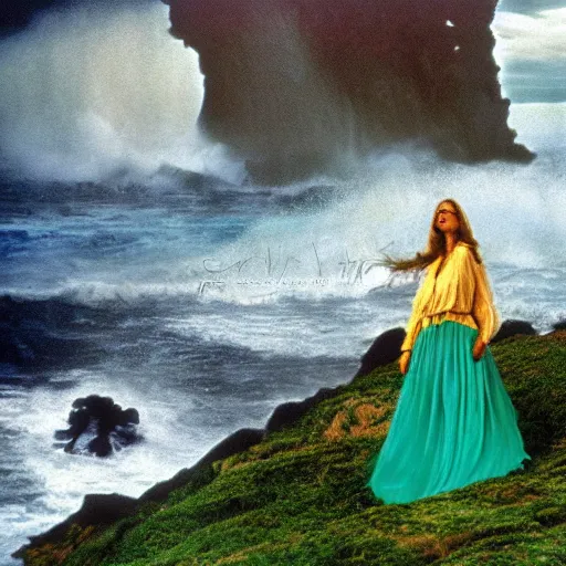 Prompt: 1 9 7 0's artistic italian western film in color, a woman in a giant billowy wide flowing waving dress made out of ocean waves and sea foam, standing inside a green mossy irish rocky scenic landscape, huge crashing waves and sea foam, volumetric lighting, backlit, moody, atmospheric