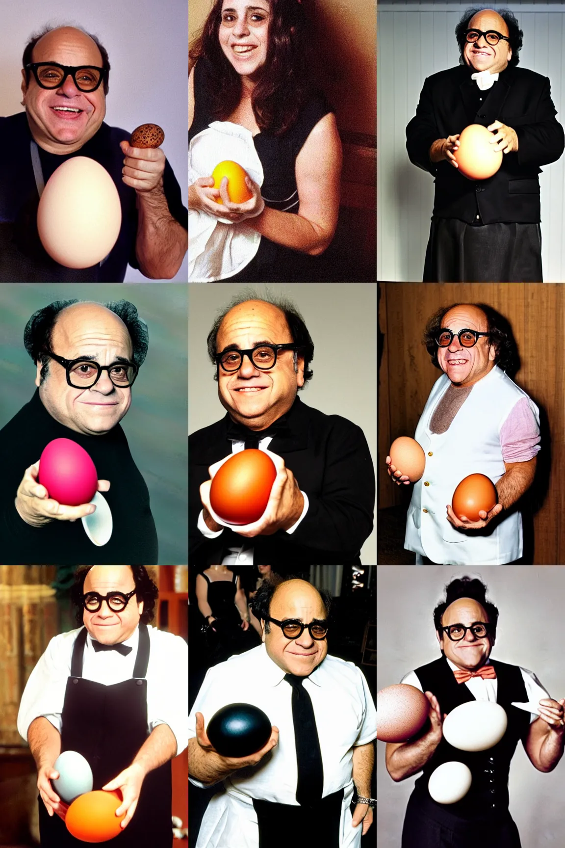 Prompt: danny devito holding an egg while wearing a french maid uniform, sexy devito