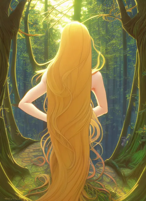 Image similar to book cover design, slender young man with long golden blond hair, shiny and sparkling, from behind, back shot, in a forest, natural lighting, path traced, highly detailed, high quality, cartoon, digital painting, by don bluth and ross tran and studio ghibli and alphonse mucha