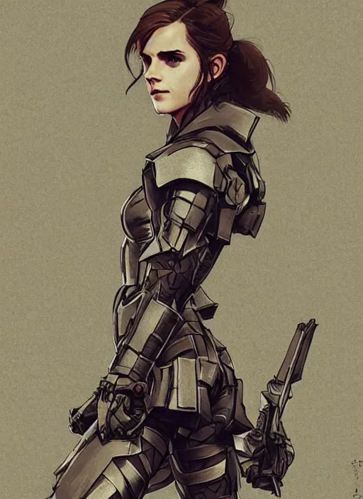 Image similar to fashion model emma watson wearing metal gear armour art by Hokusai by greg rutkowski by wlop high detail comic sharp vector lineart dramtic lighting artstation by trevor henderson by rossd raws cinematic dramatic