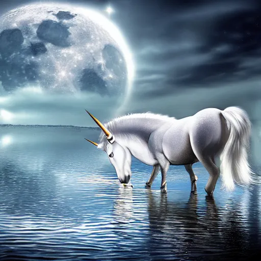 Prompt: a photograph of a white unicorn drinking from a lake. the moon shines on the unicorn. beautiful artstation, incredibly realistic, high quality, 8 k, hdr, incredibly detailed.