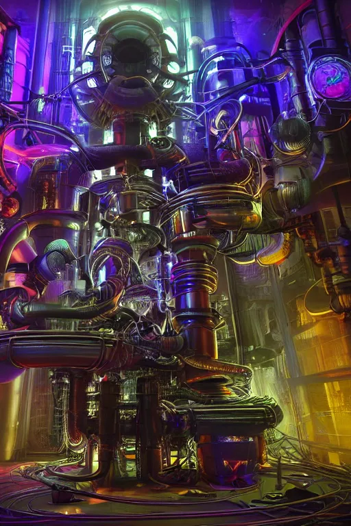 Prompt: portrait of cyberpunk octopus, symmetric, body full glowing vacuum tubes, realistic digital art, 3 d render of two huge futuristic steampunk generators inside a huge steampunk engine, 8 k, fluorescent colors, halluzinogenic, multicolored, exaggerated detailed, unreal engine